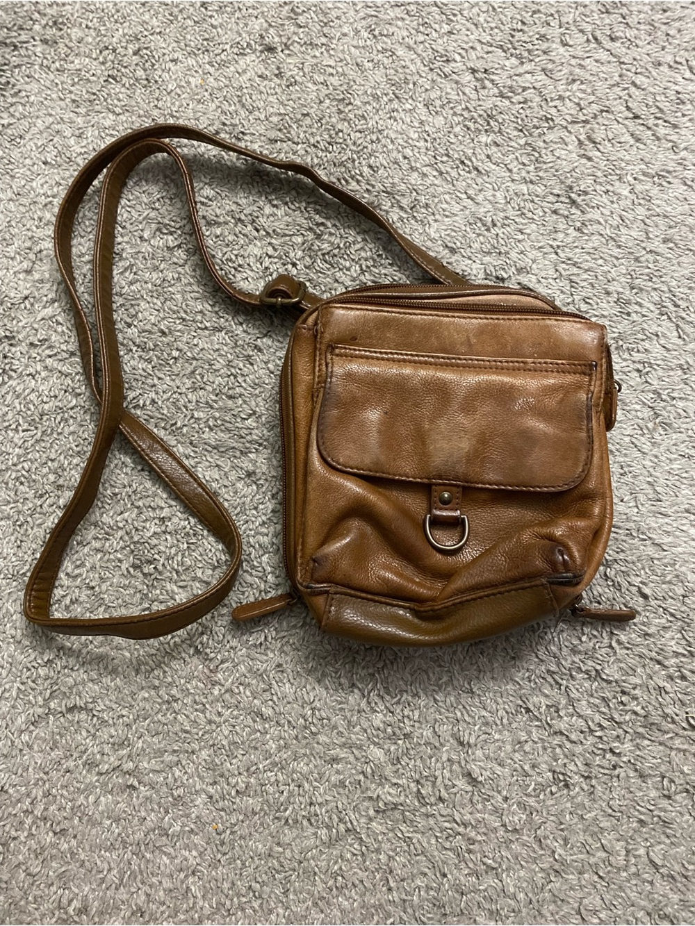 Compact Brown Leather Crossbody with Front Flap and D-Ring Detail